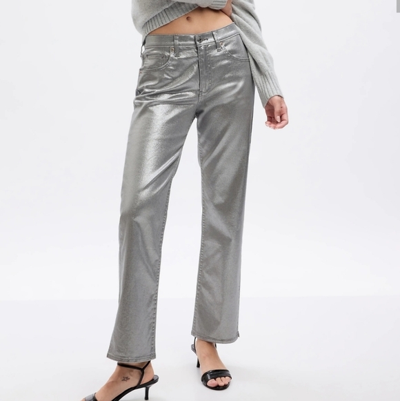 GAP Pants - Gap NEW Mid Rise 90s Loose Silver Metallic Straight Leg Pants 30 Tall